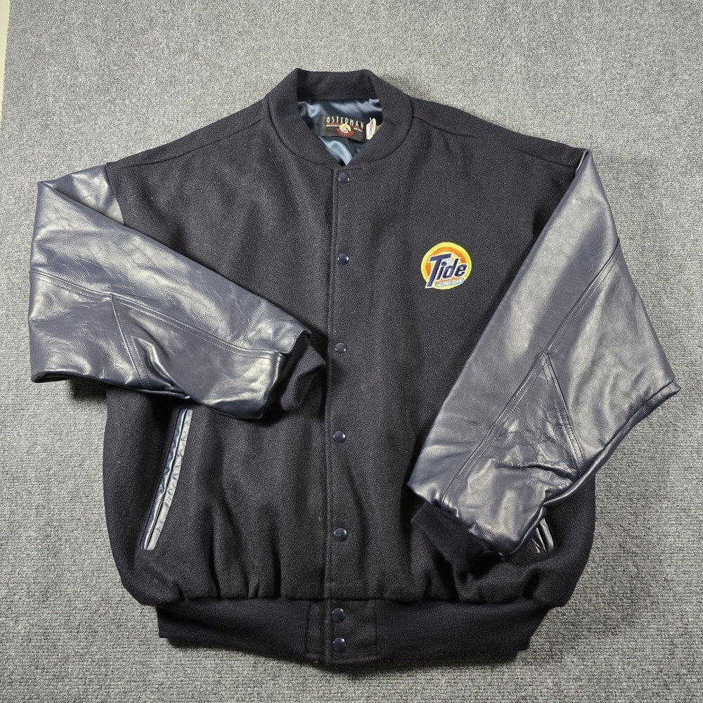 Vintage Tide Racing Team Varsity Jacket USA Made Wool Leather Men's XL Blue